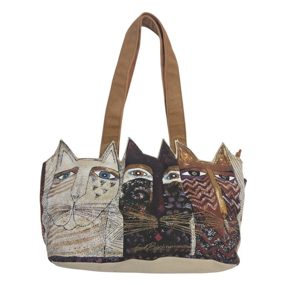 Laurel‎ Burch Hand Bag Feline Friends Diecut Cutout 3 Cats Neutral Canvas Tote